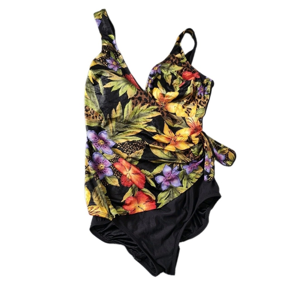 Inches Away One Piece Swimsuit Size 16‎ Black Tropical Floral VTG Flattering